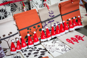 Christmas at the Old Bus Depot Markets. printed linen tea towela
