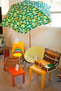 Old Bus Depot Markets - Theme Event,  Retro Depot . Retro Umbrella, Chair, table and basket.