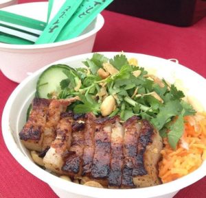 BBQ Pork Noodle Salad With Crackling at the Old Bus Depot Markets by Stallholder, East Street Canberra