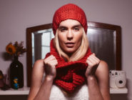 Old Bus Depot Markets stallholder, Tigs Togs Woollen red hand knitted cowl and beanie. Modelled by Ally Hayward Photographed by Jonathan Hayward