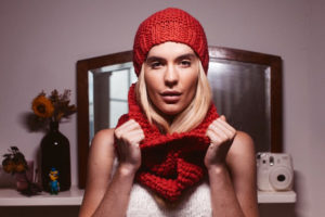 Old Bus Depot Markets stallholder, Tigs Togs Woollen red hand knitted cowl and beanie. Modelled by Ally Hayward Photographed by Jonathan Hayward